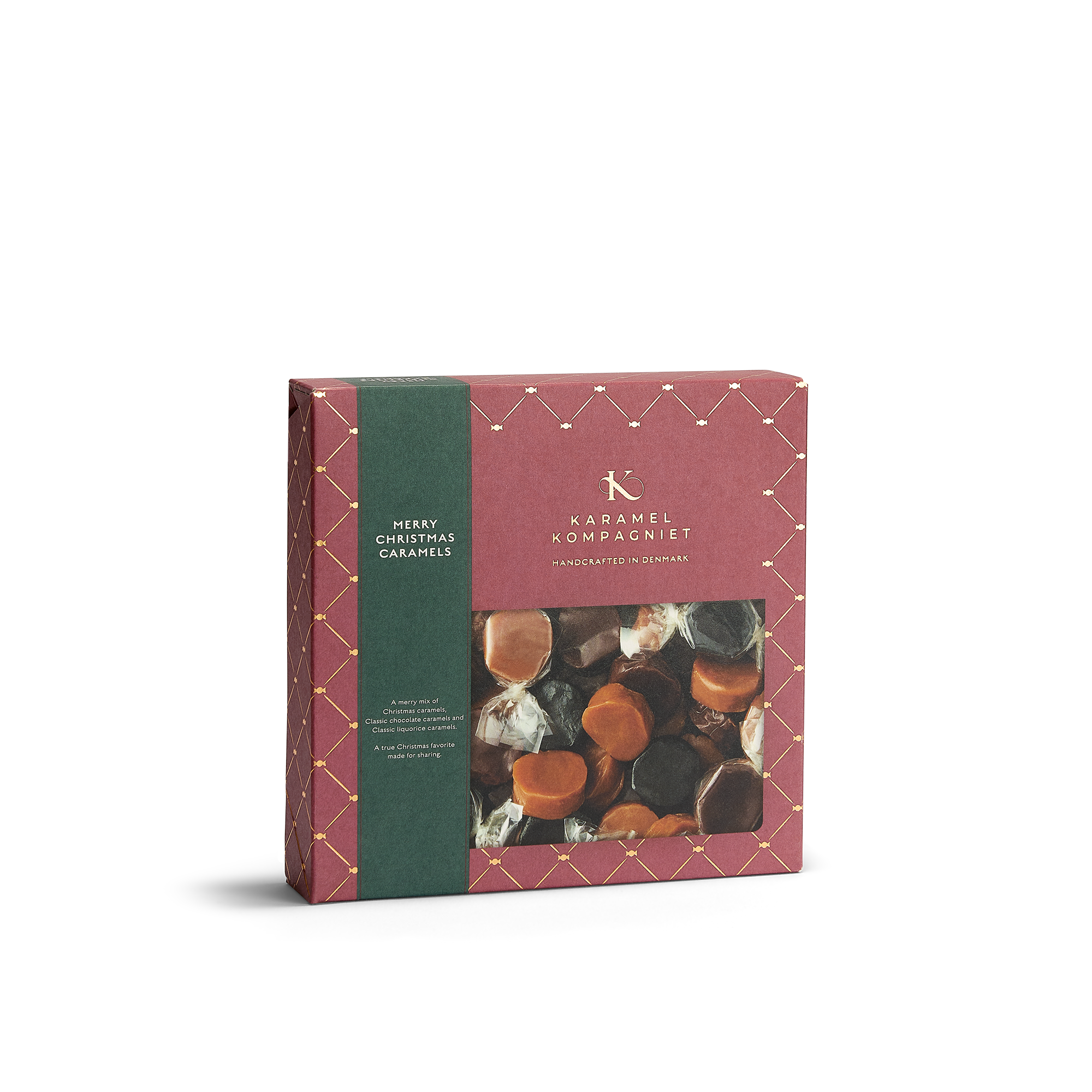 Glædelig Jul julekaramelblanding med flødekarameller, lakridskarameller og chokoladekarameller i en oprejst Q2 juleæske fra Karamel Kompagniet