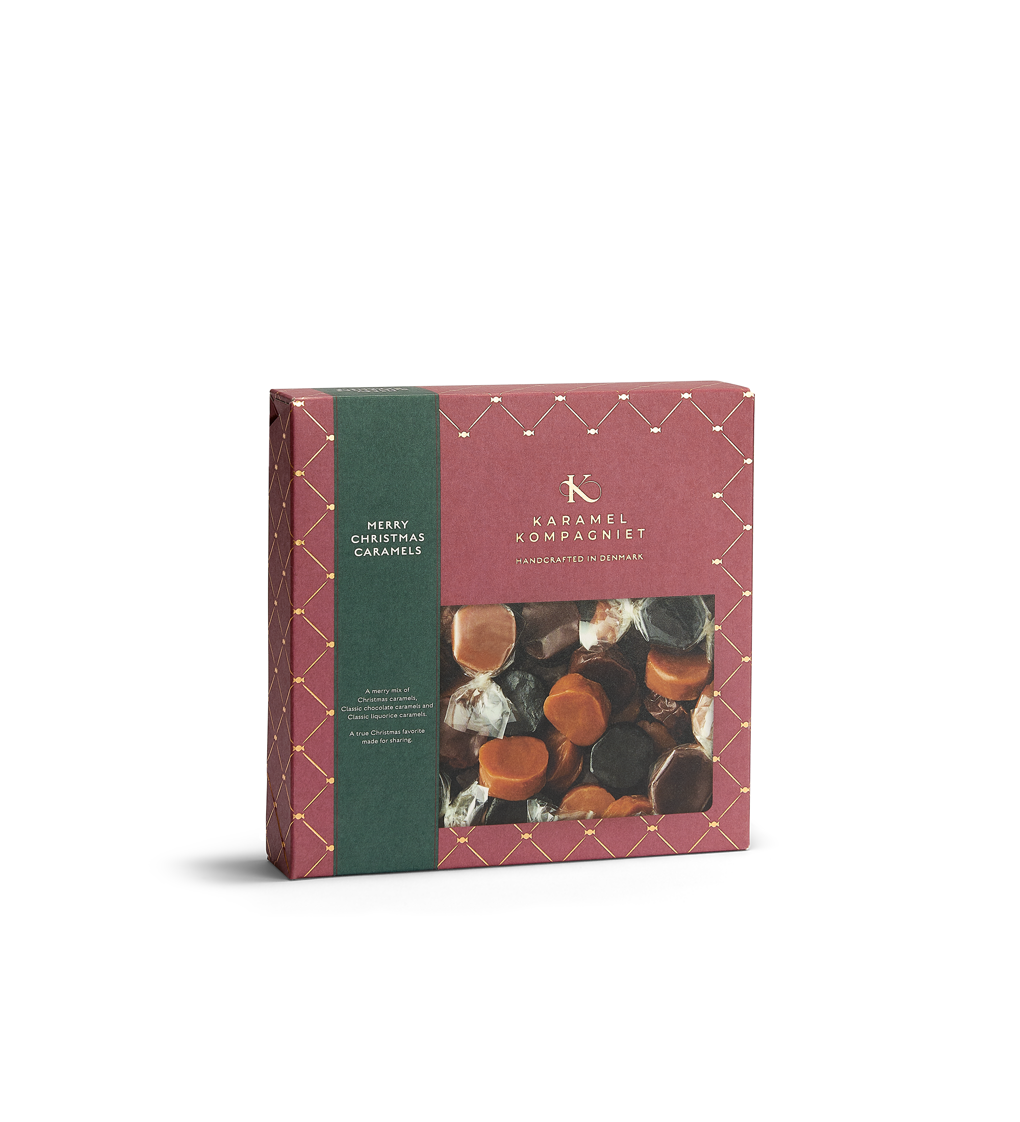 Glædelig Jul julekaramelblanding med flødekarameller, lakridskarameller og chokoladekarameller i en oprejst Q2 juleæske fra Karamel Kompagniet