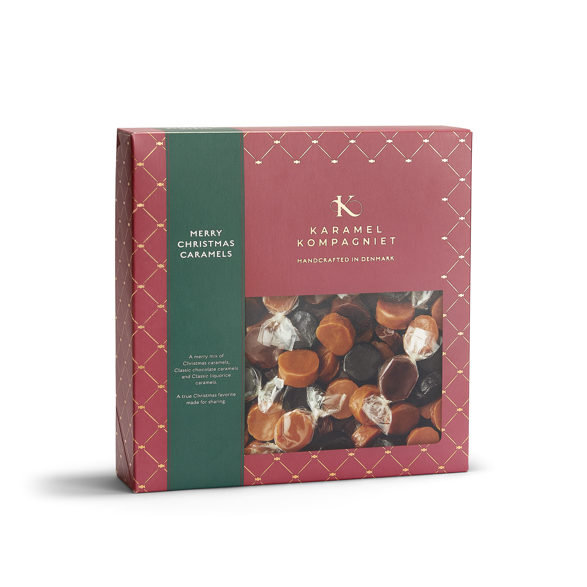 Glædelig Jul julekaramelblanding med flødekarameller, lakridskarameller og chokoladekarameller i en oprejst Q3 juleæske fra Karamel Kompagniet