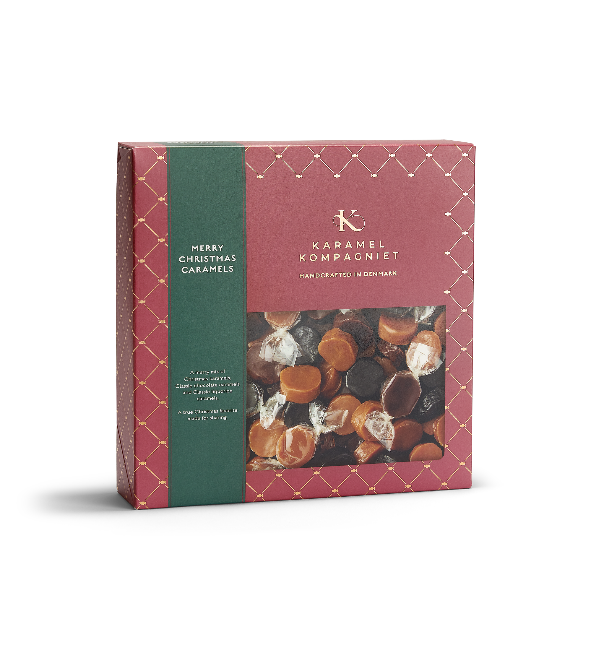 Glædelig Jul julekaramelblanding med flødekarameller, lakridskarameller og chokoladekarameller i en oprejst Q3 juleæske fra Karamel Kompagniet