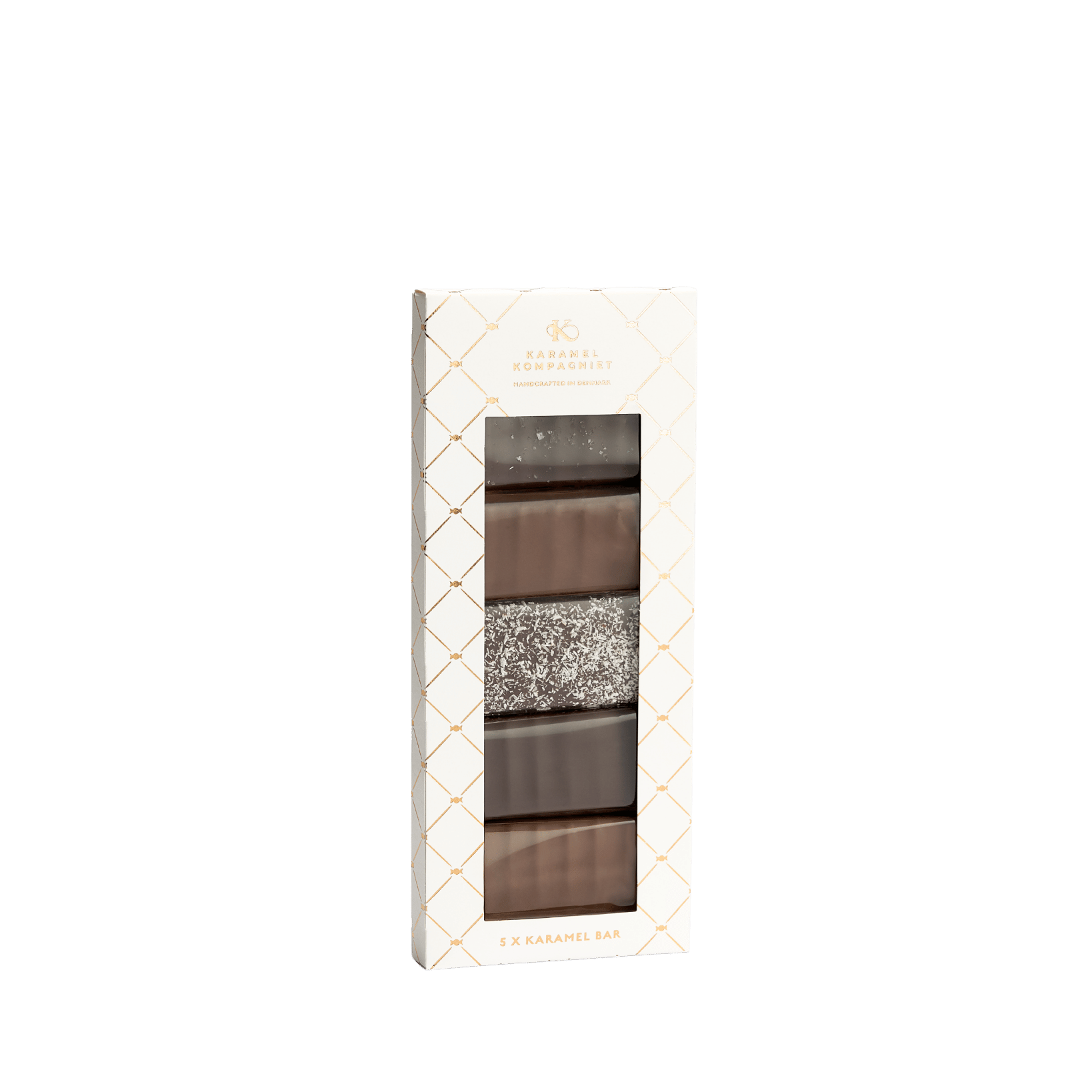 Karamel Bar Gaveæske med 5 stk. fra Karamel Kompagniet – hvid æske med vindue og fem håndlavede chokoladekaramelbarer i forskellige varianter