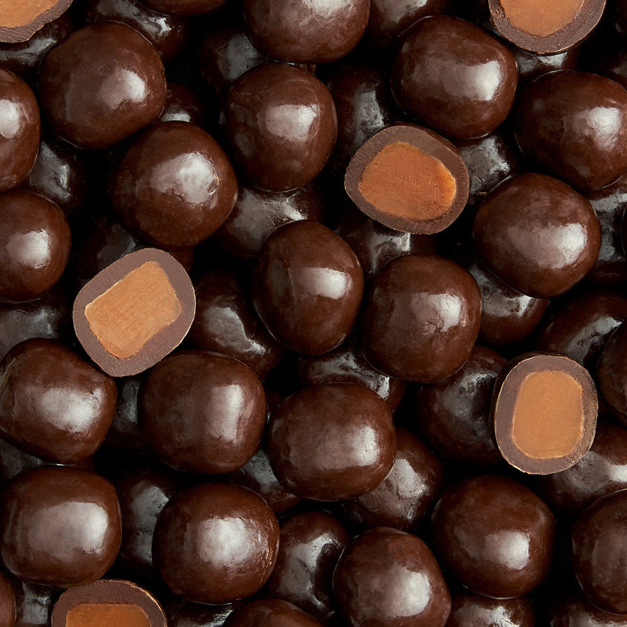 Chokoladeovertrukne saltkaramel kugler med mørk chokolade i løs vægt