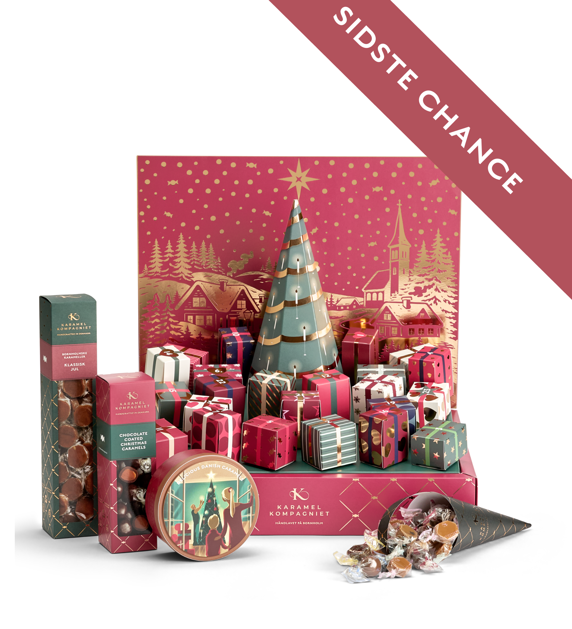 Karamel Kompagniets julekalender 2026 med julekalenderen, en æske chocolate coated caramels, en dåse christmastime karameller og en gratis gave, en klassik jul æske karameller med et bånd sidste chance henover