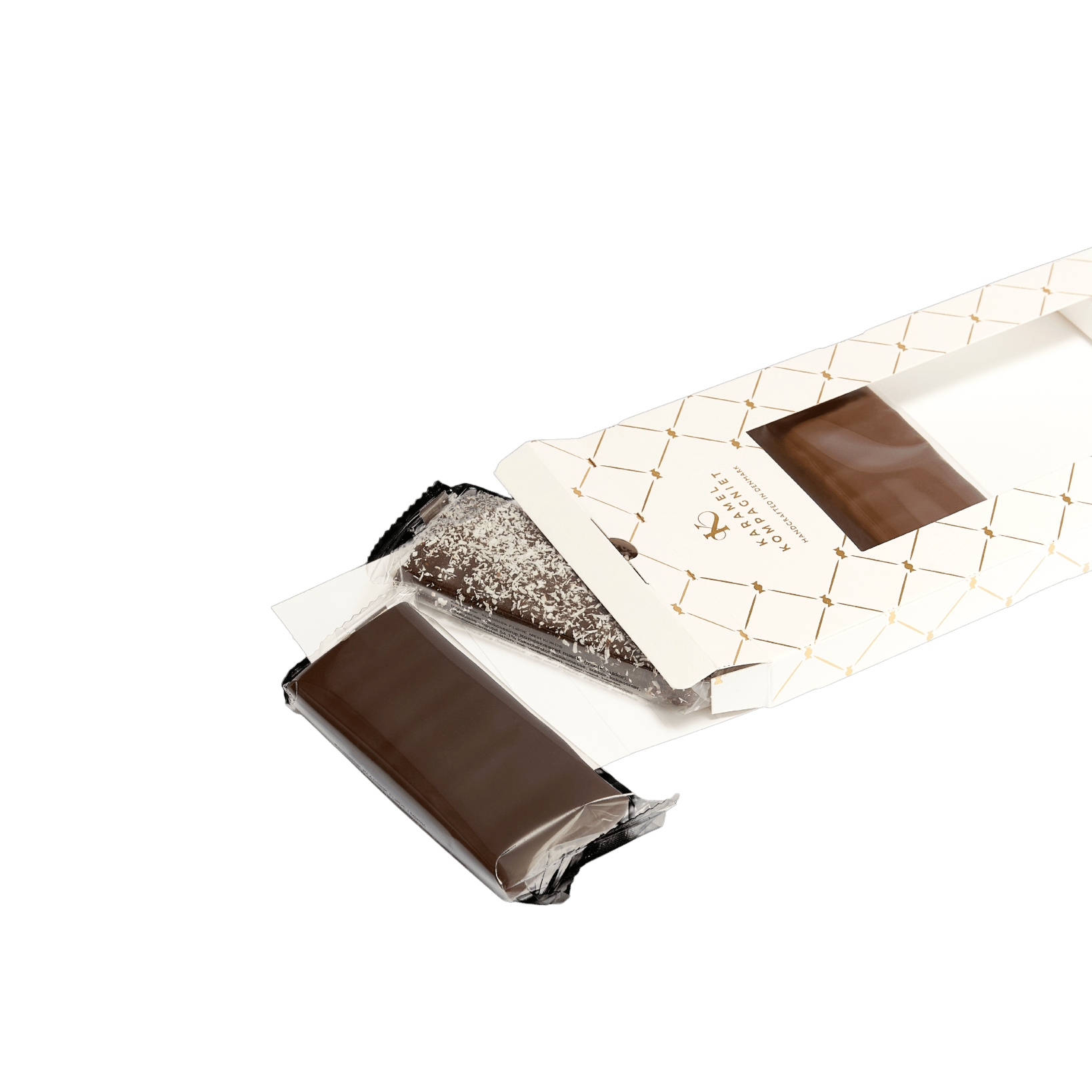 Chokoladeovertrukken Karamel Bar Gaveæske 3 stk. åben liggende ned